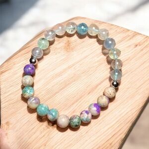 8mm Fluorite & Dolomite Gemstone Bracelet | Handmade | Stretch